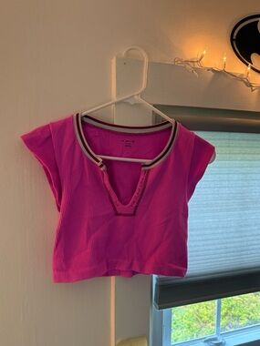 Urban Outfitters Hot Pink Ribbed V-Notch Crop Top with Contrast Trim